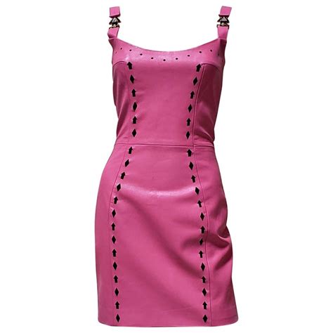 versace pink leather dress|Versace pleated dress.